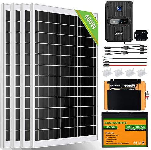 ECO-WORTHY 480W 12V Solar Panel System 2kWh/Day Off Grid Kit for Shed Motorhome : 4pcs 120W Solar Panel+40A MPPT Controller with Bluetooth Module+100Ah 12.8V Lithium Battery+1100W 12V-230V Inverter