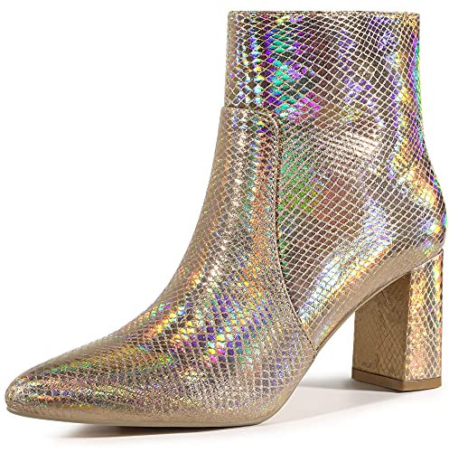 Allegra K Women's Pointed Toe Snake Print Chunky Heel Ankle Boots Rose Gold 5 UK/Label Size 7 US