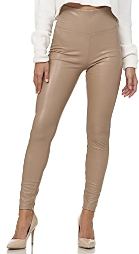 Gloop Women's Faux Leather High Waisted Leggings, Treggings, Tight Leather Look Pants, Beige high-waist, L