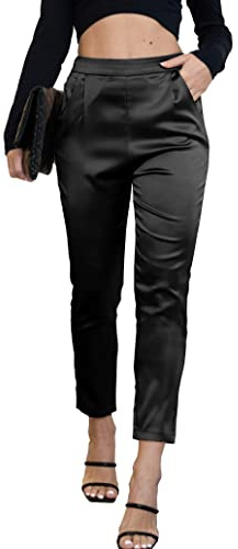Heipeiwa Damen Satin-Hose, lässig, plissiert, hohe Taille, Hose mit Taschen