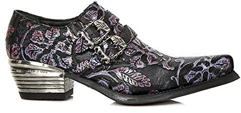 New Rock Scarpe 7960-S8 Scarpe in Pelle Goffrata Vintage Nera con Tacco e Fibbia in Acciaio 46