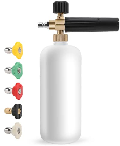 CestMall Adjustable Snow Foam Lance with 1/4 Quick Connector for Pressure Washer Gun, Foam Cannon 1 L Bottle Snow Foam Lance with 5 Nozzle Tips Soap Dispenser Foam for Pressure Washer Jet Car Wash Gun