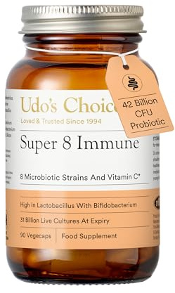 Udo's Choice Super 8 Immune High Strength Probiotics – 42 Billion Cell Count with Vitamin C for Immune Support – 8 Human-Adapted Strains – Gut & Digestive Health – 90 Capsules