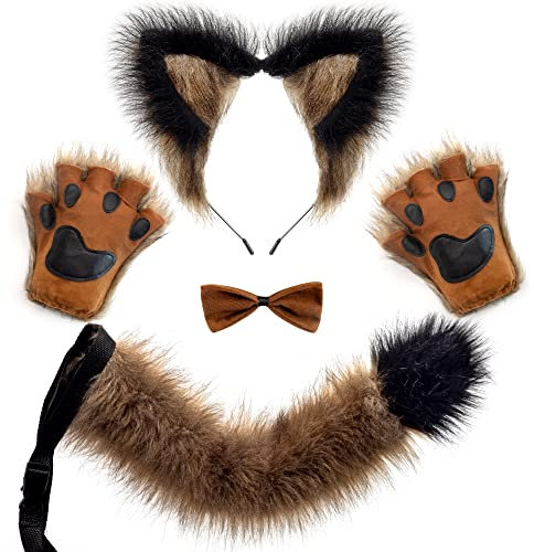 Spooktacular Creations Set mit braunen Wolfsohren, Fliege und Handschuhen, pelziges Fuchs-Accessoire-Set mit Schwanz für Halloween-Party-Kostümzubehör