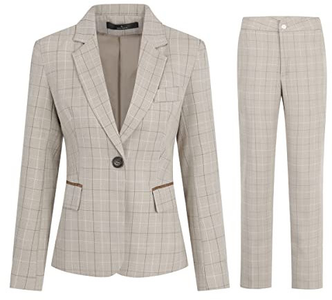 YYNUDA Tailleur Femme Blazer 2 Pièces Costume à Carreaux Décontracté à Manches Longues Veste et Pantalon Beige XL