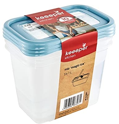 keeeper Set de 3 recipientes de congelación, Tapas con etiquetas reutilizables, 3 x 1 L, 15,5 x 10,5 x 11,5 cm, Mia Magic Ice, Azul Nordic