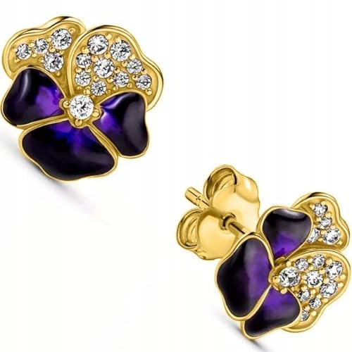 MENNICA BYDGOSKA Ohrringe Blumen Stiefmütterchen 925 Silber mit Diamant Zirkonia für Mädchen Teenager Verschluss Nickelfrei Anstecknadel zum Geburtstagsgeschenk Vergoldet
