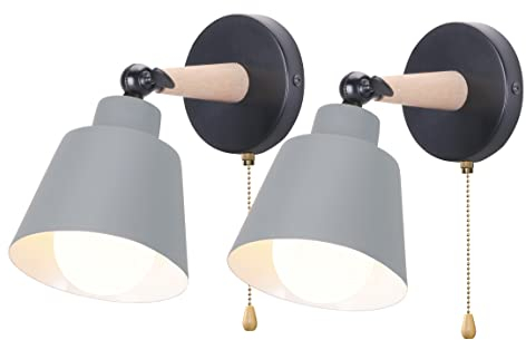 iDEGU 2er Set Wandleuchten Innen Retro Wandlampe aus Holz und Metall mit Schalter Verstellbar Wandspot Moderne Wandleuchte für Schlafzimmer Flur Eingang Wohnzimmer (Matt Grau)