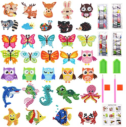 UGBO DIY Diamond Painting Sticker für Kinder DIY Diamant Aufkleber Set Tiermalerei Klein Tiere Bilder Malerei Kit DIY Diamant Painting Kit für Kinder Junge Mädchen Erwachsene Anfänger (34 Stück)
