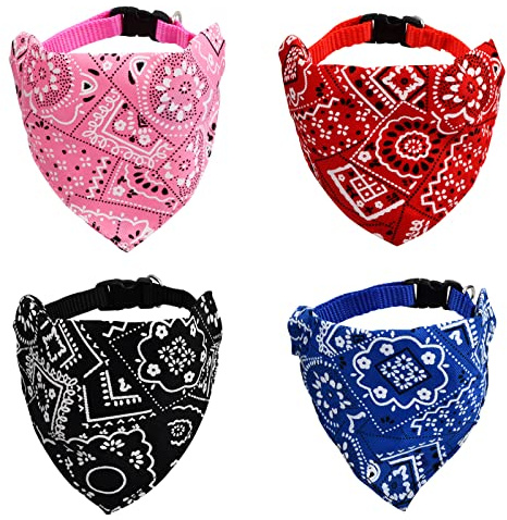 Focenat 4Pcs Bandanas pour Chien, Collier Bandana de Mode, Foulards Triangle Bavoirs Réglables pour Petit Moyen Grand Chiens Chats Chiot (Rouge, Bleu, Noir, Rose) (L)