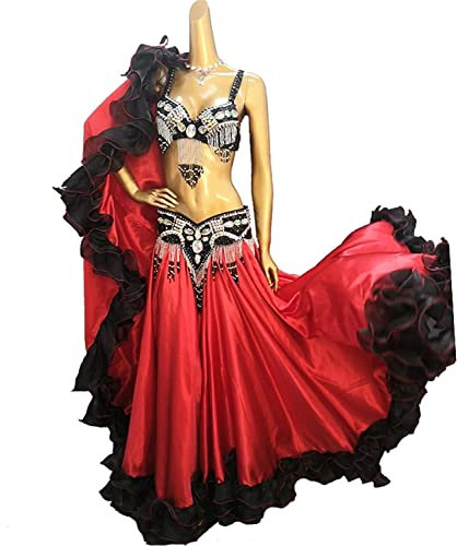 Bauchtanz Kostüm Bauchtanz Kleidung Professioneller Bauchtanz Karneval BH Gürtel Rock 4er Set (Schwarz BRA38DD BELT90CM)