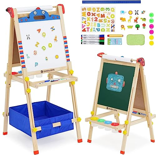 Kinder Spiel-Tafel aus Holz| 3-in-1-Kinderstaffelei,Höhenverstellbar mit Papierrolle, Kreidetafel, Whiteboard, Cartoon-Aufkleber und 4 Malschüsselchen Reichhaltiges Zubehör(Cartoon-Roboterform)