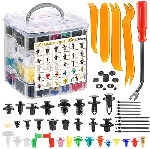 Uolor 1240PCS Clips Voiture, 32 Taille Rivet Clips Plastique Universel Clips de Fixation avec Outil de Démontage et Serre Câbles pour Auto Voitures Panneaux Portes Pare-chocs