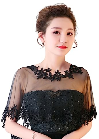 SamHeng Cape de Mariage en Dentelle pour Mariée, Femmes Fleur Brodé Boléro Châle Couverture d'épaule Capelets en Tulle pour Fête Performance Déguisée Accessoires Photo (Noir)