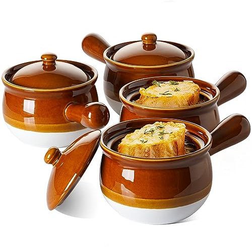 LE TAUCI French Onion Soup Bowls, 22 Ounce Ceramic Soup Bowls with Handles, Soup Crocks with Lids for Soup, Cereal, Chilli, Beef Stew, Oven Safe Stackable Serving Bowls Set, Set of 4