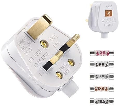 2 Pack 3 Pin Plug UK 13 Amp Plugs White Plug | Fused Mains Plugs with 3A 5A 7A 10A 13A Domestic Fuses Kit