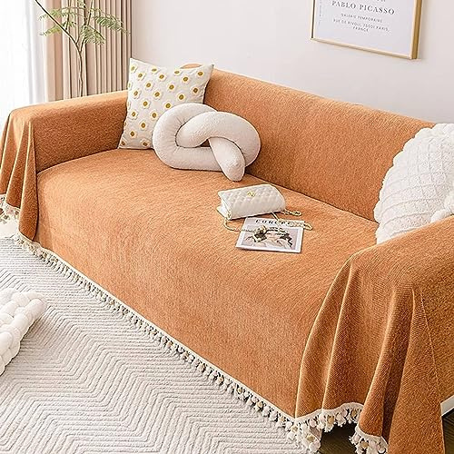 Homxi Sofa Überwürfe 3 Sitzer,180x300CM,Sofabezug Decke Einfarbig mit Quaste Sofa Überwurfdecke Chenille Handtuch Sofa Orange Sofahusse Überzug