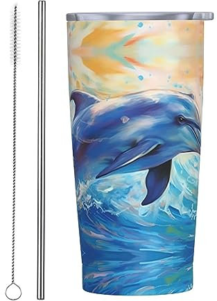 ButxeT Bicchiere da 20 once Delfini che saltano fuori dal mare Bicchiere in acciaio inossidabile stampato con coperchio e tazza isolata in paglia Tazza da caffè da viaggio riutilizzabile