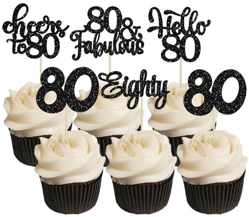 30Pcs Happy 80th Birthday Cupcake Toppers Eighty Cheers to 80 Years Old Birthday Cupcake Picks for Happy 80th Birthday Anniversary Party Cake Decorations Black Glitter