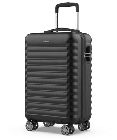 NUMADA - Handgepäck Koffer 55x36x19cm (31L) ABS Upfly XS mit 4 gummierte Doppelrollen und Zahlenschloss. Reisekoffer, Hartschalenkoffer mit Raumteiler und Packgurte | Schwarz