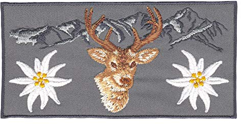 Alpen Berge Grau Hirsch Edelweiß Aufnäher zum aufbügeln Bügelbild Applikation Aufbügler für Kleidung gestickter Bügelflicken Blume Tracht Bayern Patch Größe 13 x 6,5 cm