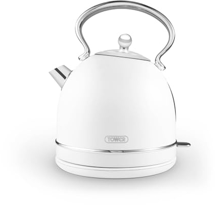 Tower T10076WHT Heritage Dome Kettle with Rapid Boil, 1.7L, 3000W, Optic White with Chrome Accents