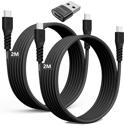 TECHGEAR USB C to USB C Long Charger Cable 60W 3A (2M+2M+Adapter) STRONG Braided Type C to C Cable Fast Charging Data Lead Compatible with iPhone 15, iPad 2024 MacBook Pro, Samsung S24/S23/S22/A16/A55