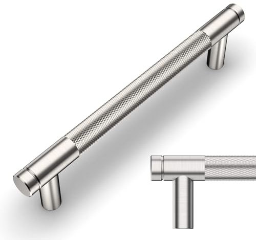 Amerdeco 10 Pack Brushed Satin Nickel Knurled Cabinet Pulls 128mm Hole Center Cabinet Hardware Kitchen Cabinet Handles for Bathroom Drawer Pulls Dresser Pulls AM003