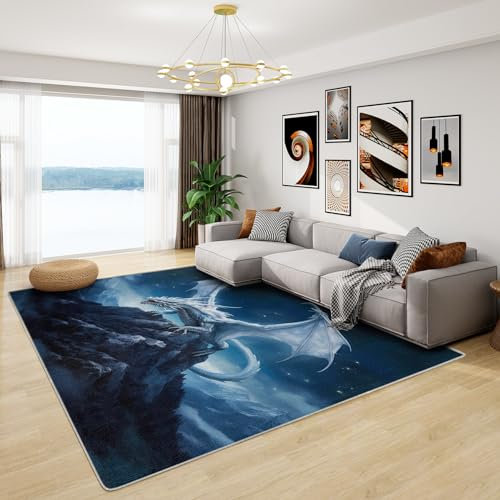 Drachenmotiv Teppich - Wohnzimmer Schlafzimmer Kinder Jungen Fantasy, Weich Kurzflor & Waschbar & Rutschfest, Bettvorleger 120x170 cm