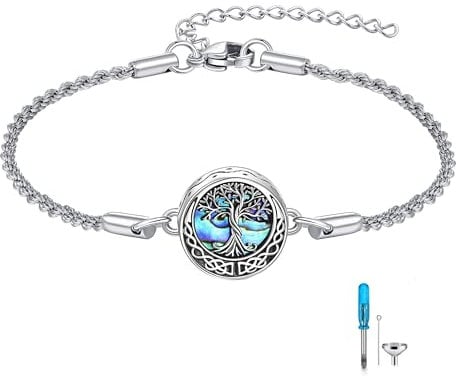 CUPENDA Tree of Life Urn Bracelet for Ashes 925 Sterling Silver Abalone Shell Tree of Life Cremation Keepsake Pendant Locket Bracelet for Women Men