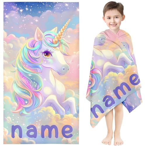 KIDSLOVE Personalisiert Einhorn Strandtuch Mit Namen, Regenbogen-Einhorn Handtuch Badetuch Mit Namen Einhorn Mikrofaser Strandtuch Groß 100x200cm Badetuch Für Kinder Junge (1,70 x 140 cm)