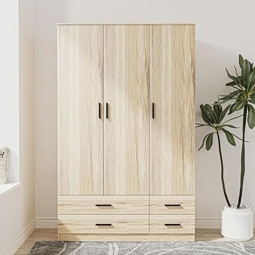URBNLIVING Modern 3 Door 4 Drawer Wardrobe with Hanging Rail, Bedroom Furniture, Storage Shelf Clothes Organiser Stylish Design, Ample Storage Solution