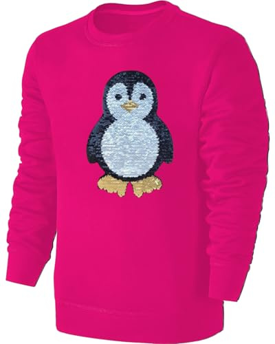 Blackshirt Company Kinder Pinguin Wendepailletten Sweatshirt - Mädchen Streichel Pullover Pulli Hoodie - Pink