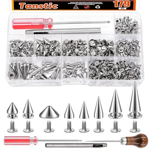 Tanstic 176 Sets Punk Spikes und Studs Kit, 8-Größen Kegel Spikes Screwback Studs Metall Baum Spikes für Leder Punk Style Kleidung Zubehör (Silber)