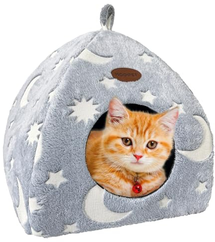 Mooipet Katzenhöhle Plüsch Katzenhaus mit Waschbarem Kissen Faltbare Katzenzelt Höhle mit Handle Weiches und Warmes Katzenbett für Drinnen 40x40x35cm