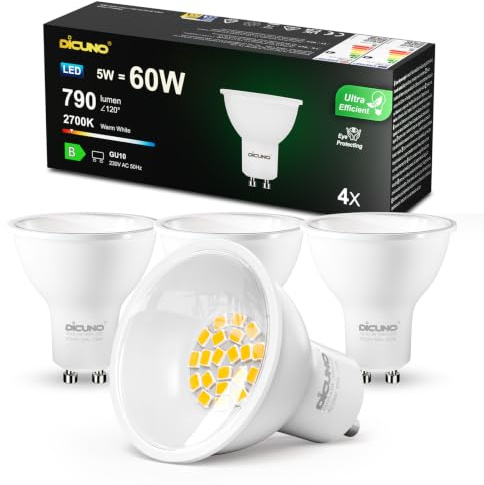 DiCUNO Lampadina LED GU10 Classe B, 5W Equiv. 60W, 2700K, 790lm, 4 Pezzi | Bianco caldo, Non dimmerabile, Fascio largo 110°, Faretto LED GU10 per faretti da incasso, plafoniere e vetrine
