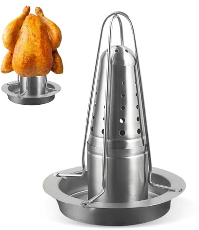 GOEDCH 23×18cm Supporto Porta Pollo da Griglia: Verticale Acciaio Inox Arrosto di Pollo, Girarrosto per Pollo con Contenitore, Support di Cottura per Pollo in Acciaio Inox per Forno e Barbecue
