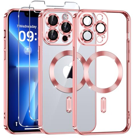 Phoona Cover Placcatura per iPhone 13 Pro 6,1 Pollici, Obiettivo per Fotocamera Protezione Completa e 2 × vetro temperato, Compatibile con MagSafe Ricarica Wireless, Protezione Militare, Rosa