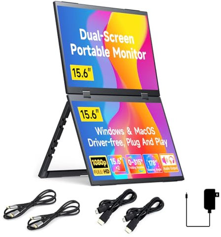 Waveshare 15.6inch Dual-Screen Stacked Portable Monitor Dual-1080p Foldable Extender Screen 100%SRGB 178° Viewing Angle With Gravity Sensor Hi-Fi Speaker Support Multi Display Modes for Windows/MacOS