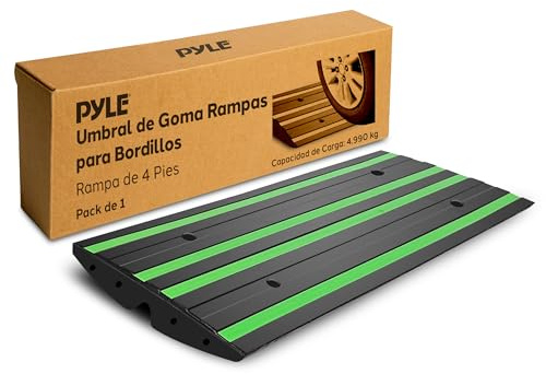 Pyle Heavy Duty Rubber Kerb Ramp 122cm – Extra-Strong Driveway Curb Ramp for Cars, Motorcycles, Vans & SUVs, Non-Slip Threshold Ramp with Green Reflective Strips, Waterproof, With Expansion Screws
