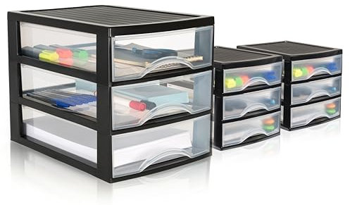 Hausfelder Schubladenschrank Set, 1 x Schubladencontainer A4 und 2 x Schrank A5 mini, Organizer aus Kunststoff, durchsichtig, als Sortiersystem einsetzbar, jeweils mit 3 Schubladen