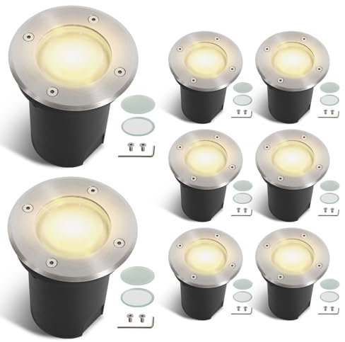 Fiqops 8er Set Bodenstrahler außen IP67,Bodeneinbaustrahler aussen mit LED GU10 3W Warmweiß (Wechselbar) rund Schwenkbar Silber Mit Mattierten Ersatzlinsen Bodenspot befahrbar 230V