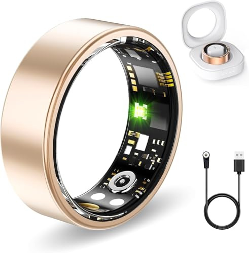 Health Rings for Women Men, Fitness Tracker with Heart Rate,Blood Oxygen, Blood Pressure, Sleep Tracker, Step Tracker, No Subscription Fee, IP68 Waterproof Smart Ring for iphone & Android (Gold, 8#)