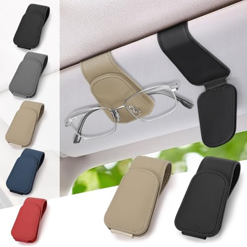 JINYJIA 2 Pack Brillenhalter für Auto,Leder Sonnenbrillenhalter Auto,Magnetische Auto Brillenhalter Universal, Auto Visier Zubehör Sonnenbrillen Halterung,Schwarz+Beige
