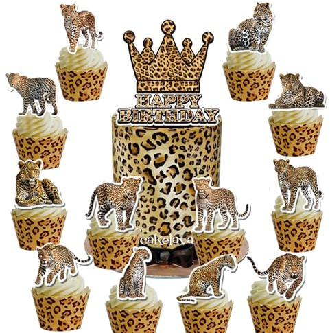 YUEcthynous Gepard Tasse Kuchen Dekoration,13 Stücke Leopard Kuchen Cupcake Topper,Wildtiere Tiger Thema Baby Dusche Kinder Geburtstag Party Kuchen Dekorationen