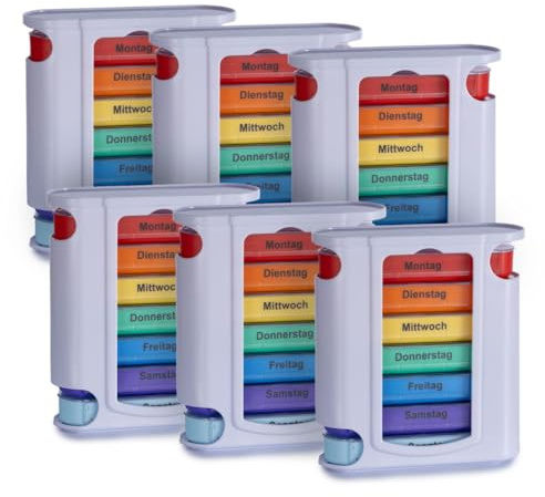 Laro Tablettenbox Bunt 7 Tage 4 Fächern pro Tag - Wahlweise mit 3/4/6/12/24/48/96 Stück - Seniorenfreundlich, Anzahl:4