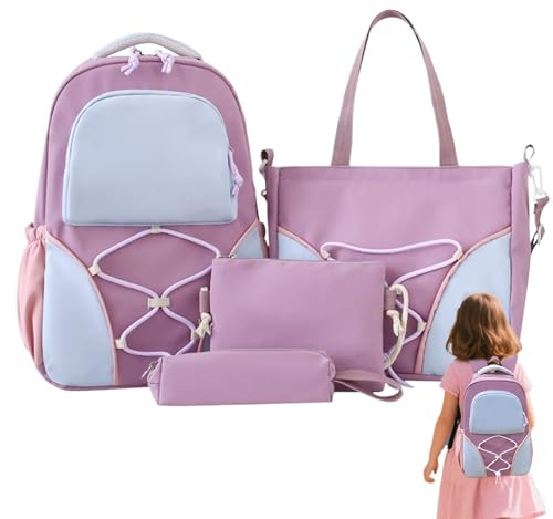 Schultaschen - Set 4 Stück Bücherhalter, Federmäppchen Rucksack Ordner Große Kapazität Universität Mädchen Teenager Schulmaterial Bücher Klassenzimmer Shopping Kurze Reisen, violett, riferimento