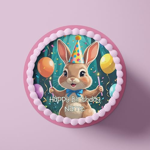 CGD Personalisierbarer Essbare Tortenaufleger aus Fondant oder Esspapier – Dekorative Kuchendeko für Geburtstag, Party & besondere Anlässe - Personalisiert Kaninchen L1 (Esspapier)
