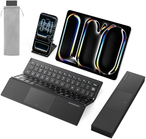SODI Portable Tri-Fold Bluetooth Keyboard with Touchpad, Full Size Keys, Wireless Folding Travel Keyboard, Multi-Device Rechargeable for iPad, iPhone, Android, Windows, Mac,Black