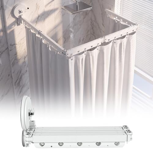 Barra de cortina de ducha sin taladrar, barra de ducha plegable de 2 m con 2 ventosas fuertes, forma L/U plegable, barra de ducha de aluminio para baño, bañera y tendedero (sin cortina de ducha)